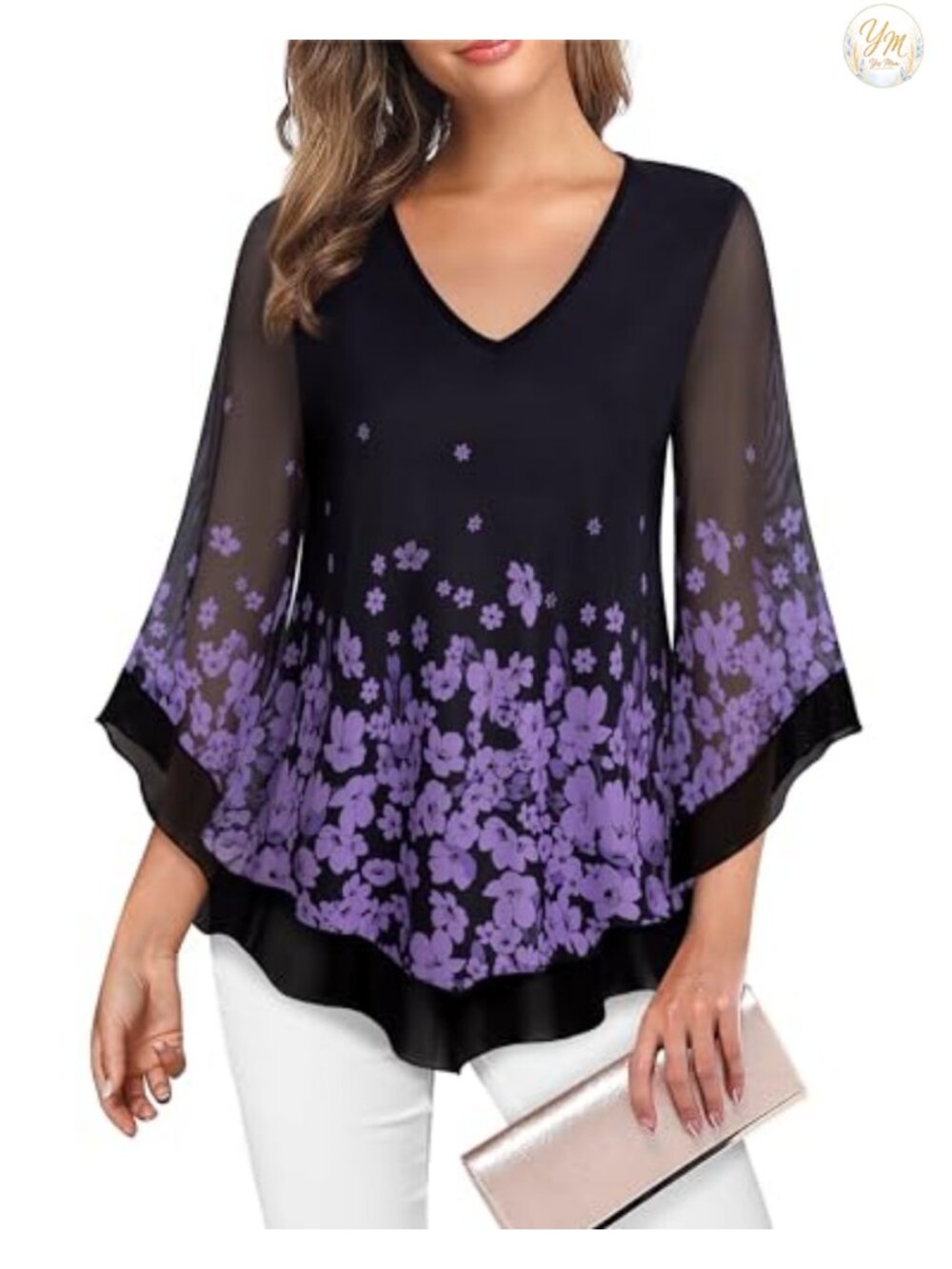 Womens Dressy Mesh Blouse Double Layers Ruffle 3/4 Flared Sleeve Tunic Top